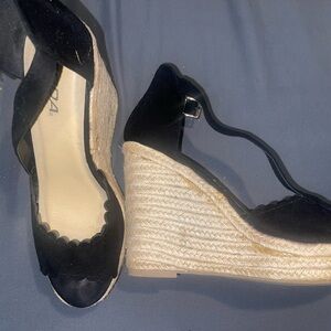 Soda Black and Cream Espadrille Wedges